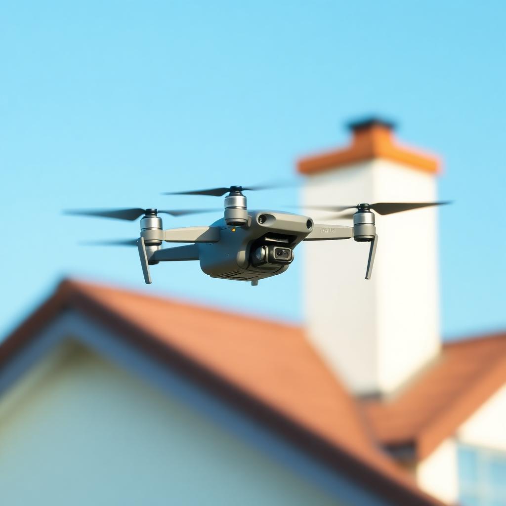 DJI Mini 5 Pro drone flying above a residential roof