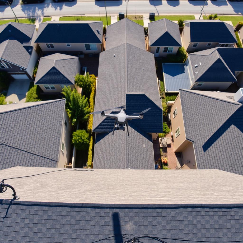 Aerial drone view of residential rooftops